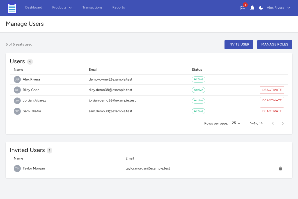 Team members list showing active staff and a pending invite